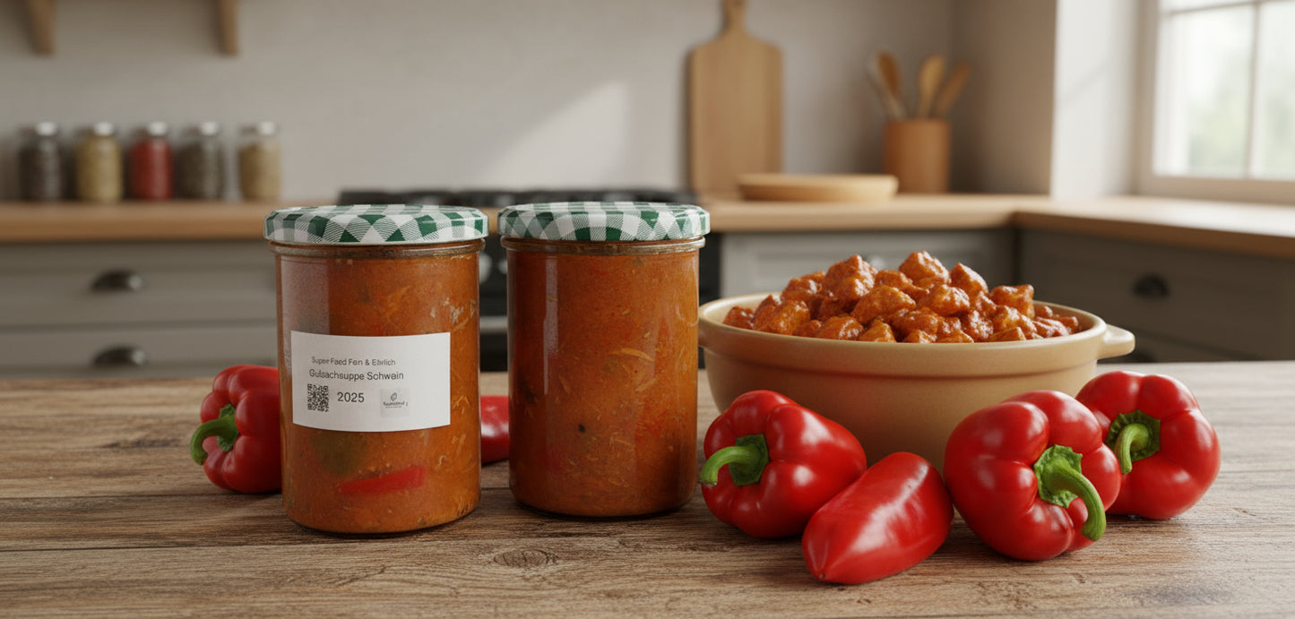 Schweine Gulaschsuppe
Gulaschsuppe hausgemacht
Deftige Suppe
Rustikale Gulaschsuppe
Schweinegulasch Suppe
Hausmannskost Suppe
Feinkost Suppe
Gulaschsuppe im Glas
Herzhaftes Eintopfgericht
Traditionelle Küche
Würzige Fleischsuppe
Gulaschsuppe kaufen
