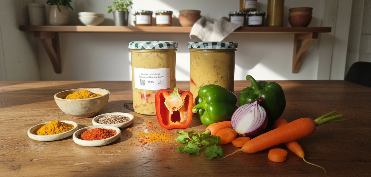 Hähnchen Gemüse Curry
Curry mit Huhn
Exotisches Currygericht
Asiatische Küche
Hähnchencurry cremig
Feinkost Curry
Hausgemachtes Curry
Würziges Hähnchengericht
Curry mit Gemüse
Premium Fertiggericht
Curry Manufaktur
Gesunde Asia Küche