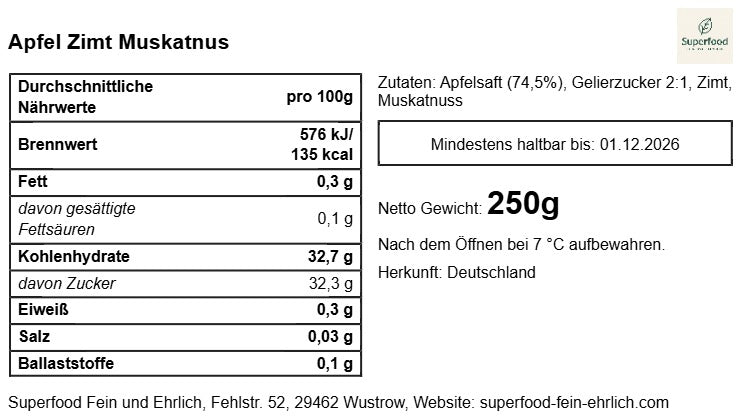 🍏 Apfel-Zimt-Muskat-Gelee | Exquisites Winter-Gelee | Superfood – fein & ehrlich 230 g