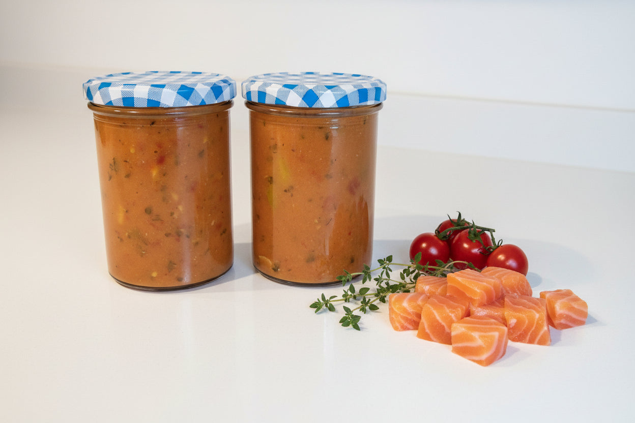 Lachsforellenfilets in roter Tomaten-Gemüse-Soße mit frischem Zitronenthymian im Glas.