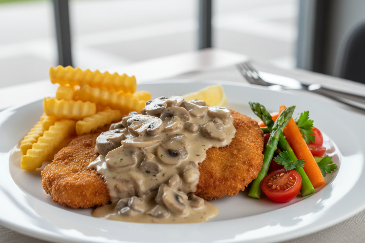 Einen Teller mit einem schnitzel, pommes und gemüse auf dem schnitzel Champignon rahmsoße