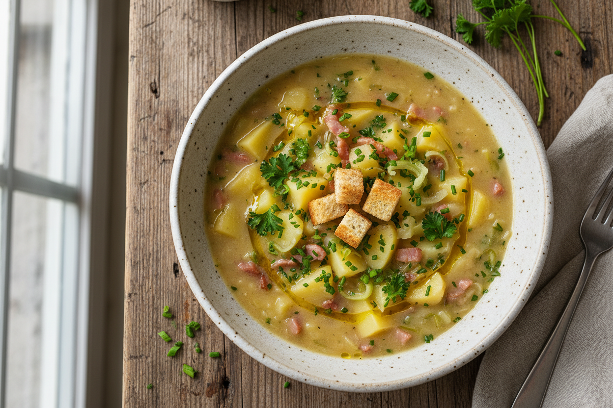 einen Teller mit Kartoffelsuppe
Omas hausgemachte Kartoffelsuppe im Glas – deftiger Eintopf mit Einlage.
Servierfertige Kartoffelsuppe nach traditionellem Rezept – gesundes Fertiggericht.