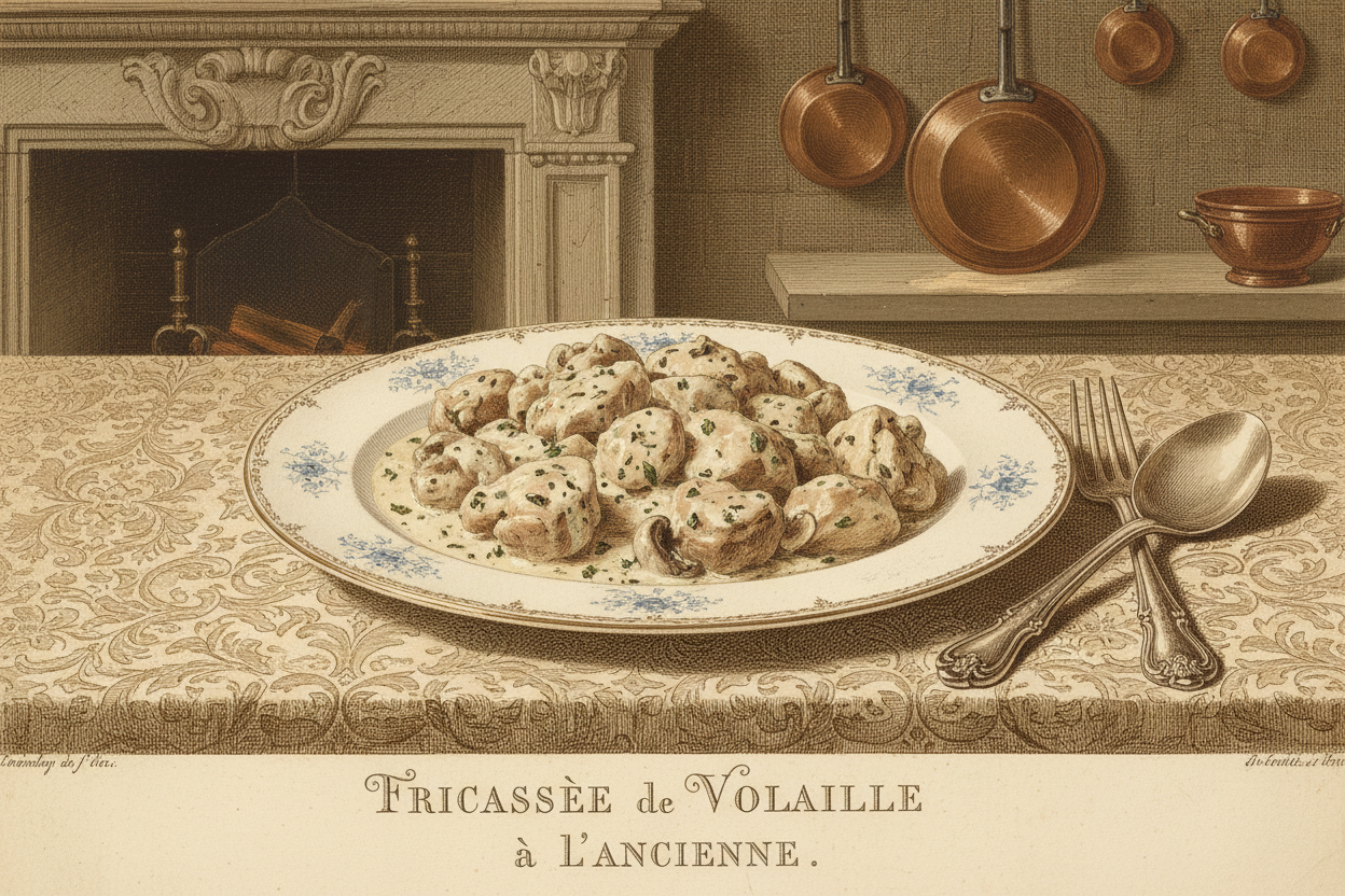 historisches Gemälde/Stich von einem Teller Frikasse